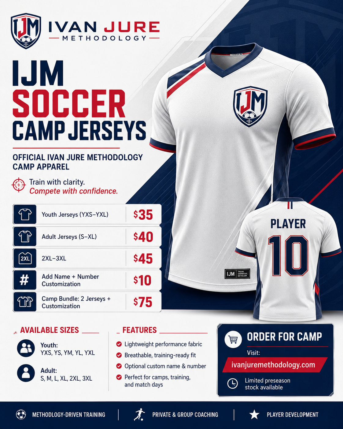 IJM Soccer Camp Jerseys flyer with jersey options, pricing, sizes, and features